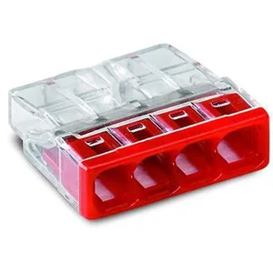 Wago 2273-204 Compacte PUSH WIRE Connector, 4-Geleider, 2.5mm², 24A, Transparant/Rood