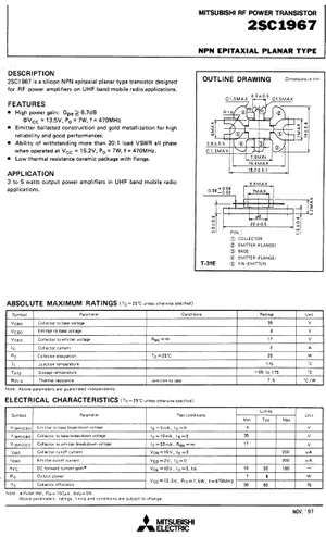 Mitsubishi Electric Semiconductor 2SC1967 NPN Transistor - n/a