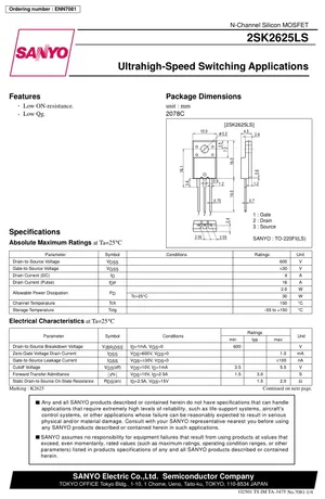 Sanyo 2SK2625LS Transistor - 600V 4A 2.0 Ohm Standard