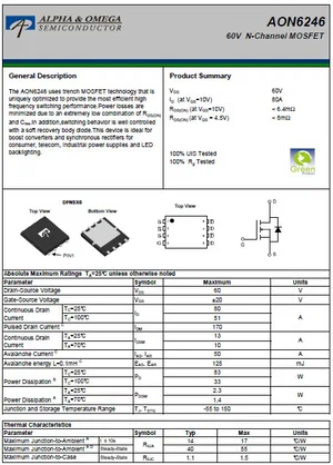 Alpha & Omega Semiconductors AON6246 Transistor - 60V 80A 0.0053 Ohm SMD
