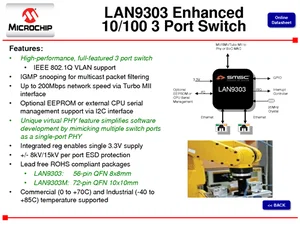 Microchip Technology LAN9303MI-AKZE Contrôleur IC de Commutateur Ethernet 3 Ports 10/100