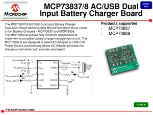 Microchip MCP7383XEV-DIBC AC/USB Dual Input Li-Ion Battery Charger Evaluation Board
