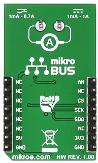 Mikroelektronika MIKROE-2377 Ammeter Click Board - Misurazione Corrente DC/AC, Gamma 0.1-1A, 48V Max
