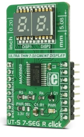 Scheda Click Mikroelektronika MIKROE-2840 UT-S 7 SEG R con DSM7UA20101 e MAX6969