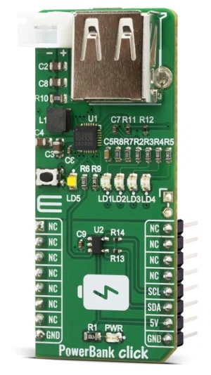 MIKROE-4082 Microchip PowerBank Click, Caricabatterie USB Li-Ion/Li-Polimero, Monitoraggio I2C