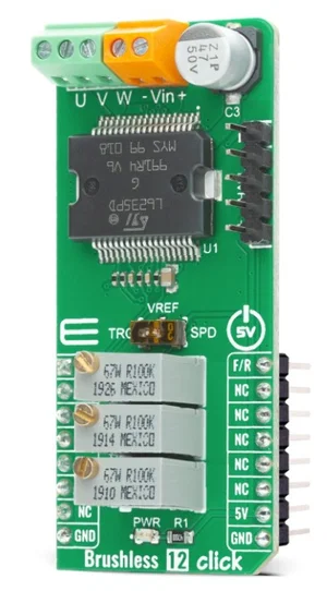 MIKROE-4357 Brushless 12 Click Board - Driver Motore BLDC Trifase L6235, Protezione Sovracorrente