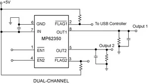 Monolithic Power Systems MP62350EK-LF-P Dual-Channel 500mA Current-Limit Switch, MSOP-8