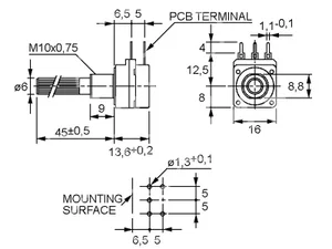 Potenziometro Piher PC16SH-10IP06-104A2020ITA 100k Ohms Mono Lineare